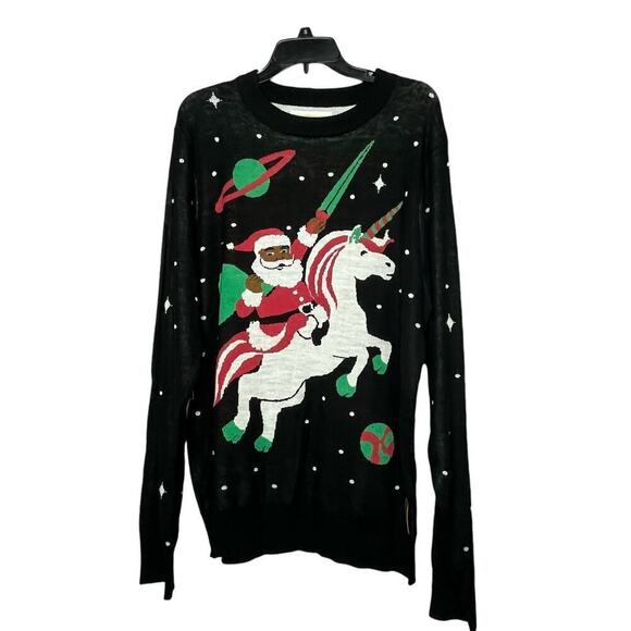 Tipsy Elves Men's Black Santa Ugly Christmas Unicorn Sword Sweater New Size XL - Picture 2 of 9